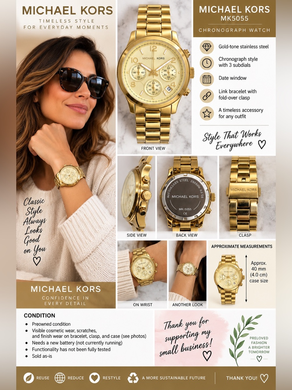 Michael Kors MK5055 Gold Tone Chronograph Watch Champagne Dial Needs Battery